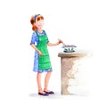 A Young woman stands behind a whip and prepares food. Watercolor illustration.