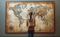 A young woman stands before a large world map, her back facing the camera. She appears absorbed in thought, possibly Royalty Free Stock Photo