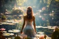 Young woman stands in water in beautiful magical garden in summer