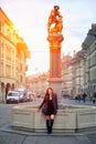 Young woman in Statue Samson Fountain, Bern, Switzerland Royalty Free Stock Photo