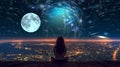 young woman stay on earth and watch starry sky moon planet surrealism