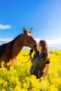 Young woman staying near brown horse in yellow rape or oilseed field with blue sky on background at sunny day. Horseback riding Royalty Free Stock Photo