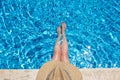 Young woman in straw hat sunbathing sitting on the edge of swimming pool with legs in water Top view Royalty Free Stock Photo