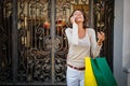 Young woman at the street with shopping bags talking on mobile phone Royalty Free Stock Photo