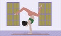 Yong European woman hand standing in yoga scorpion pose, stretching entire body, concentrating on breath