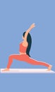 Isolated young European lady hand standing in yoga warrior pose, stretching entire body, concentrating on breath and