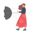 Young Woman Struggling Against Wind Holding Umbrella in Rainy Autumn Day Vector Illustration