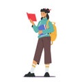 Young Woman Student with Backpack on Shoulder Hold Books Pile Prepare to Exam or Make Homework. Girl Character Reading Royalty Free Stock Photo