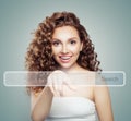 Young woman student pointing to empty address bar in virtual web browser. Seo, internet marketing, www or distance learning Royalty Free Stock Photo