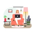 Young woman studying from home. Girl sitting in armchair with laptop, flat vector illustration.