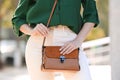 Young woman with stylish leather bag on summer day, closeup Royalty Free Stock Photo