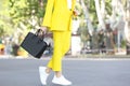 Young woman with stylish leather bag on summer day, closeup Royalty Free Stock Photo