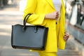 Young woman with stylish leather bag on summer day, closeup Royalty Free Stock Photo