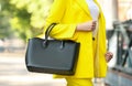 Young woman with stylish leather bag on summer day, closeup Royalty Free Stock Photo