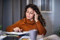 Woman suffer from headache work on laptop at home office Royalty Free Stock Photo