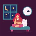 Young woman suffering from headache due to insomnia. Sleepless girl in bedroom feeling tired because of sleep disorder.
