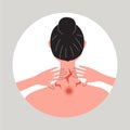 Young woman suffering from muscle tension. Female with office syndrom or tech neck problem. Back view of woman pressing