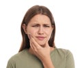 Young woman suffering from toothache on white Royalty Free Stock Photo