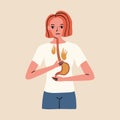 A young woman suffers from heartburn. Symptom of problems with the gastrointestinal tract. Medical flat vector illustration