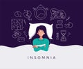 Young woman suffers from insomnia cause of mental problems, insomniac ideas. Girl lying in bed, thinking about deadline