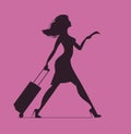 Young woman with a suitcase at the airport or train station. Woman with baggage and ticket. Time to Travel