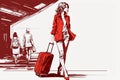 Young woman with a suitcase at the airport or train station. Woman with baggage