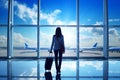A young woman with a suitcase looks through the windows at the planes at the airport, Royalty Free Stock Photo