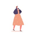 Young Woman In Summer Dress And Hat Walk With Coffee Cup In Hands. Female Character Morning Refreshment Illustration