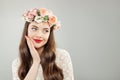 Young woman in summer flowers wreath. Pretty model with red lips makeup and cute smile portrait Royalty Free Stock Photo