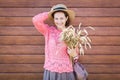 Young woman in a summer knitted pink cardiga Royalty Free Stock Photo