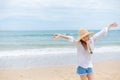 Young woman in sun hat on the  beach. summer, holidays, vacation, travel concept Royalty Free Stock Photo