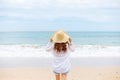 Young woman in sun hat on the  beach. summer, holidays, vacation, travel concept Royalty Free Stock Photo