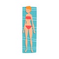 Young Woman Sunbathing on Beach Towel, Top View of Lying Girl in Red Bikini Vector Illustration Royalty Free Stock Photo