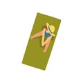 Young Woman Sunbathing on Beach Towel, Top View of Sitting Girl in Bikini and Straw Het Vector Illustration Royalty Free Stock Photo