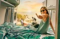 Woman looking camera watching the sunset with her dog sitting on the bed of her camper van Royalty Free Stock Photo