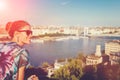 Young woman in sunset wondering in city panorama Budapest, Hungary Royalty Free Stock Photo