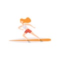 Young woman on a surfboard, surfer girl character riding waves vector Illustration on a white background
