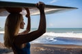 Young woman with surfboard walk on black sand beach Royalty Free Stock Photo