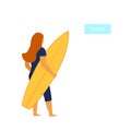 Young woman surfer standing backside with surfboard