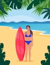 Young woman surfer with surfboard standing on the beach. Smiling surfer girl. Vector illustration Royalty Free Stock Photo