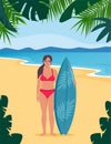 Young woman surfer with surfboard standing on the beach. Smiling surfer girl. Vector illustration Royalty Free Stock Photo