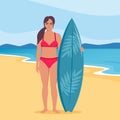 Young woman surfer with surfboard standing on the beach. Smiling surfer girl. Vector illustration Royalty Free Stock Photo