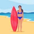 Young woman surfer with surfboard standing on the beach. Smiling surfer girl. Vector illustration Royalty Free Stock Photo