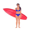 Young woman surfer with surfboard standing on the beach. Smiling surfer girl. Vector illustration Royalty Free Stock Photo