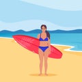 Young woman surfer with surfboard standing on the beach. Smiling surfer girl. Vector illustration Royalty Free Stock Photo