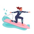 Young woman surfing on surf board, surfer in wetsuit surfing among waves and sea splashes