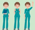 Vector set cartoon illustration of a young woman surgeon doctor or nurse in full length dressed in medical green uniform in