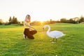 Young woman and swan, teenager together with swan on green lawn
