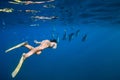 Young woman swim with dolphins in ocean Royalty Free Stock Photo