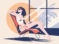 Young woman in swimsuit sitting in sun lounger. illustration. Generative AI